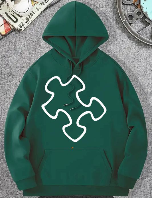 White Puzzled Green Hoodie Kangaroo Pocket Style